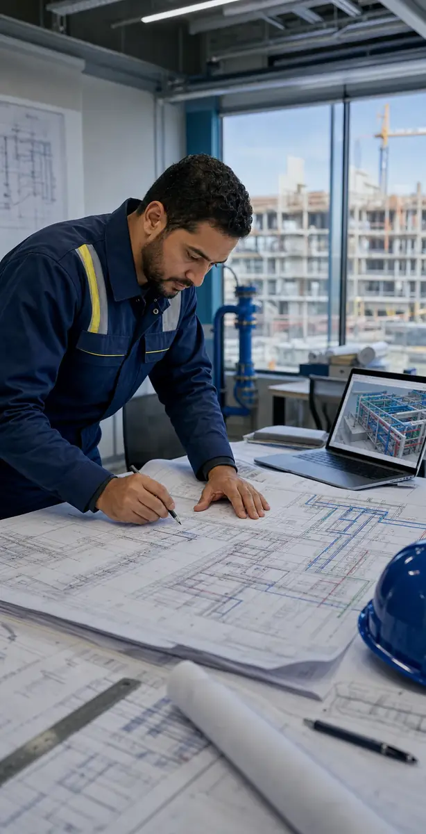 Ingénieur réalisant un audit et une expertise de plans techniques